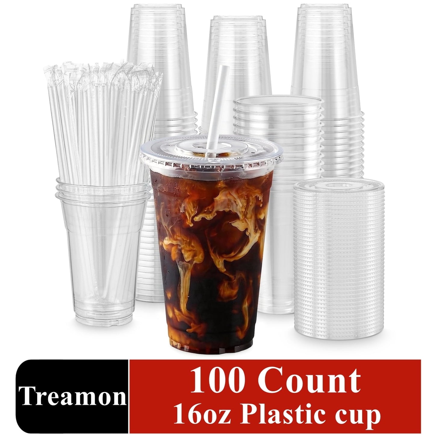 Treamon Clear Plastic Cups with Lids and Straws, Disposable Party Iced Coffee Cups, 16 oz, 100 Count