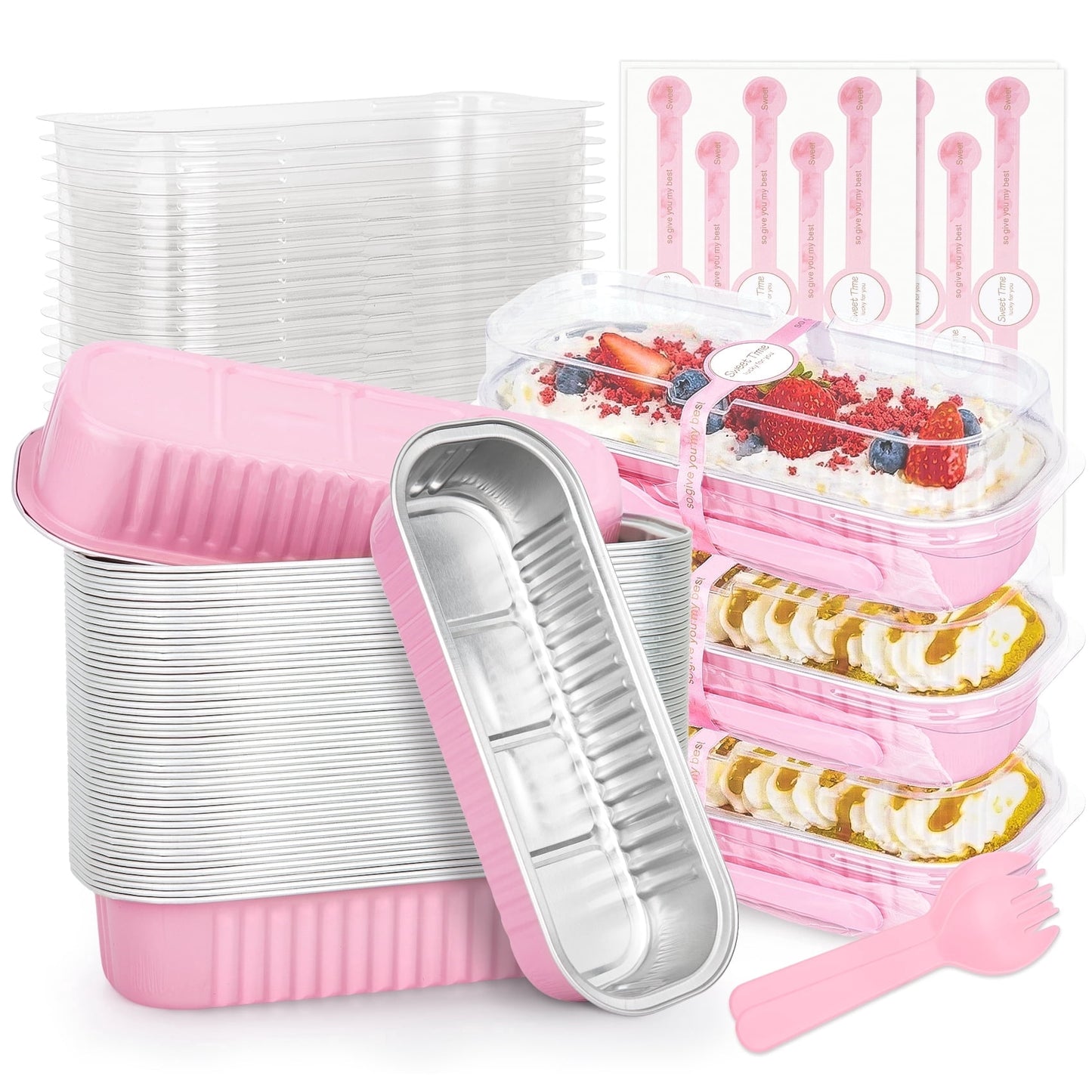Treamon Aluminum Mini Loaf Pans, Aluminum Foil Pans with Lids and Spoons Sealing Sticker, 6.8 oz 50 Pack Rectangular Cake Pans Baking Pan, Pink