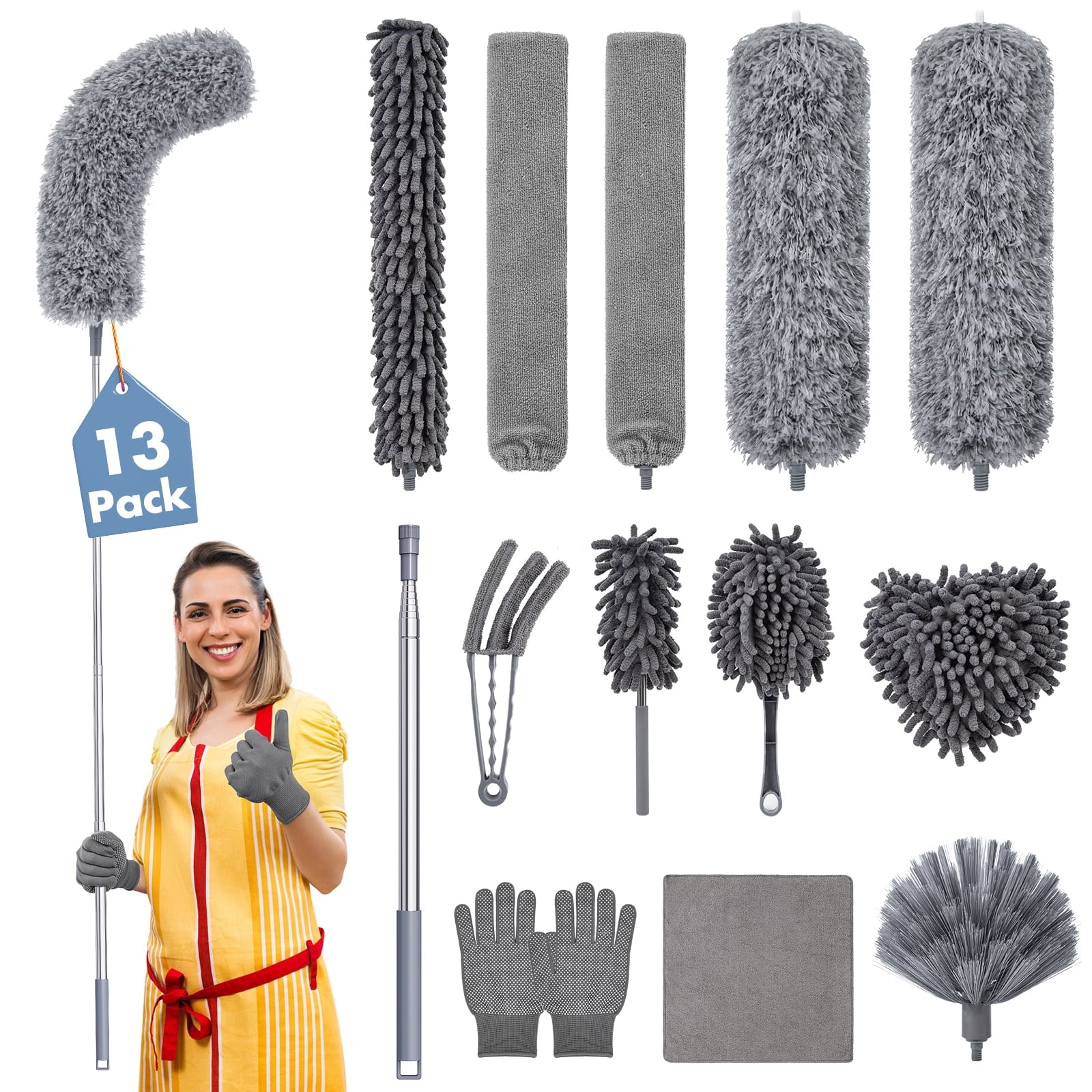 13 Pcs Microfiber Feather Duster, Reusable Bendable Washable Cobweb Duster with 100 inches Extra Long Extension Pole