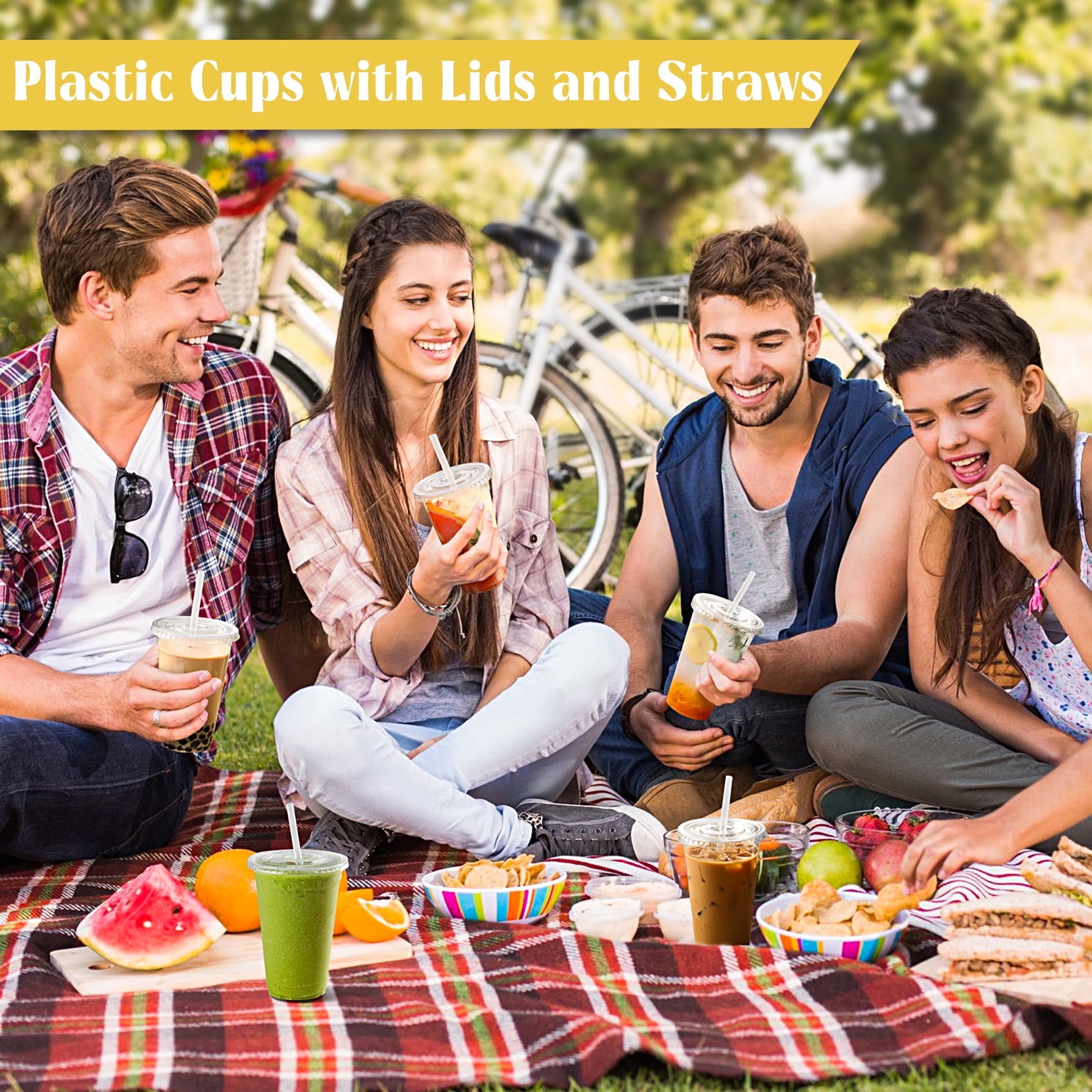Treamon Clear Plastic Cups with Lids and Straws, Disposable Party Iced Coffee Cups, 16 oz, 100 Count
