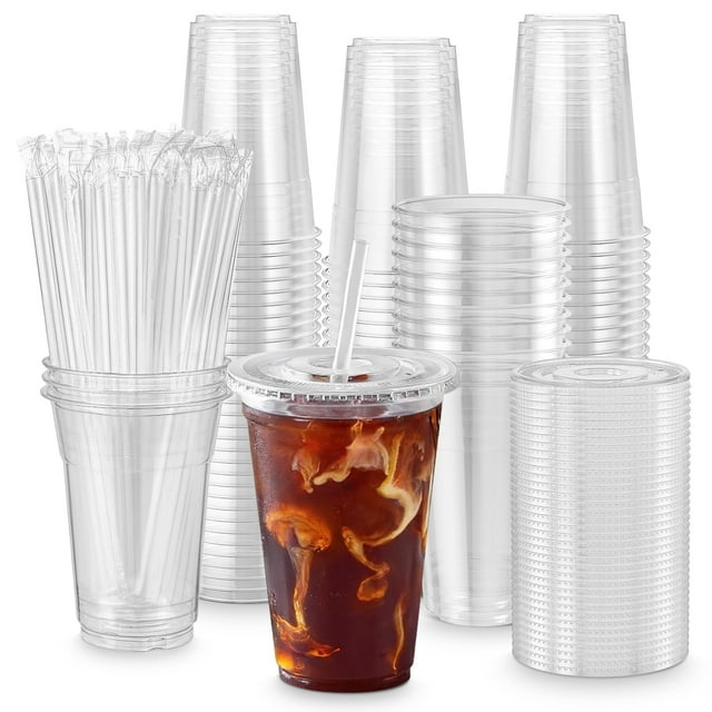 Treamon Clear Plastic Cups with Lids and Straws, Disposable Party Iced Coffee Cups, 16 oz, 100 Count