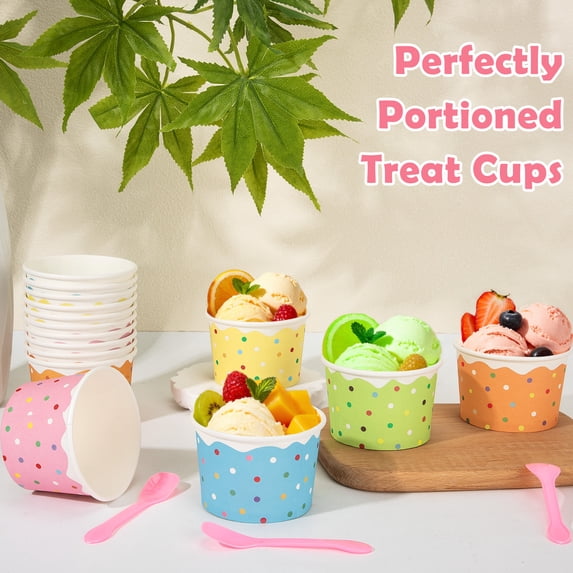 Treamon Disposable Paper Ice Cream Cups with Spoons, Colorful Dessert Bowl for Yogurt, 9 oz 100 Pack