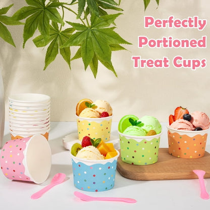 Treamon Disposable Paper Ice Cream Cups with Spoons, Colorful Dessert Bowl for Yogurt, 9 oz 100 Pack