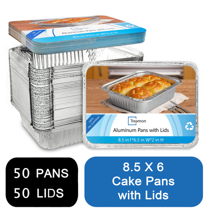 Treamon Aluminum Pans with Lids, Disposable Tin Foil Pans 8.5" x 6" 50 Count