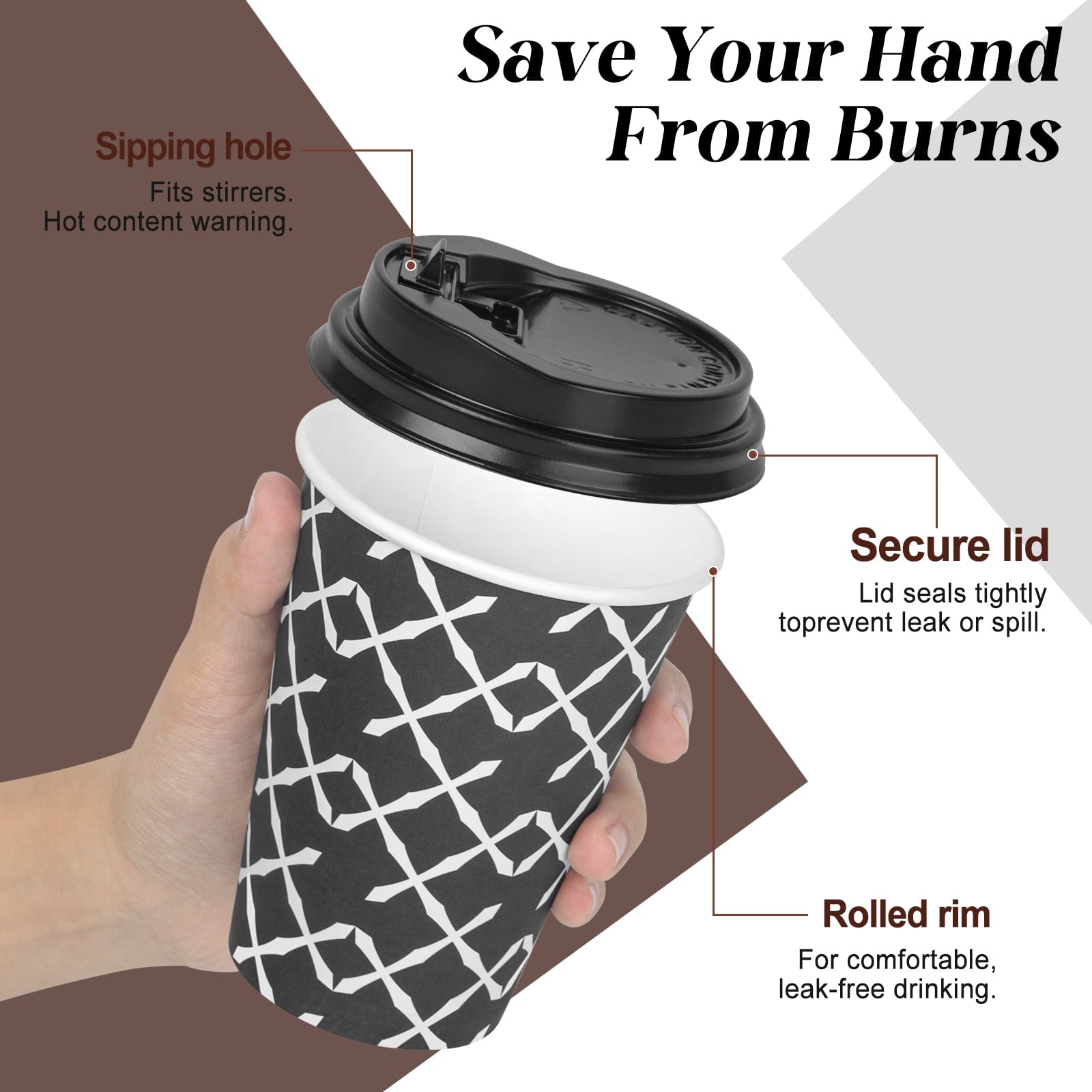 Paper Cups, Disposable Paper Coffee Cups with Lids for Hot Coffee, 12 oz, 100 Count
