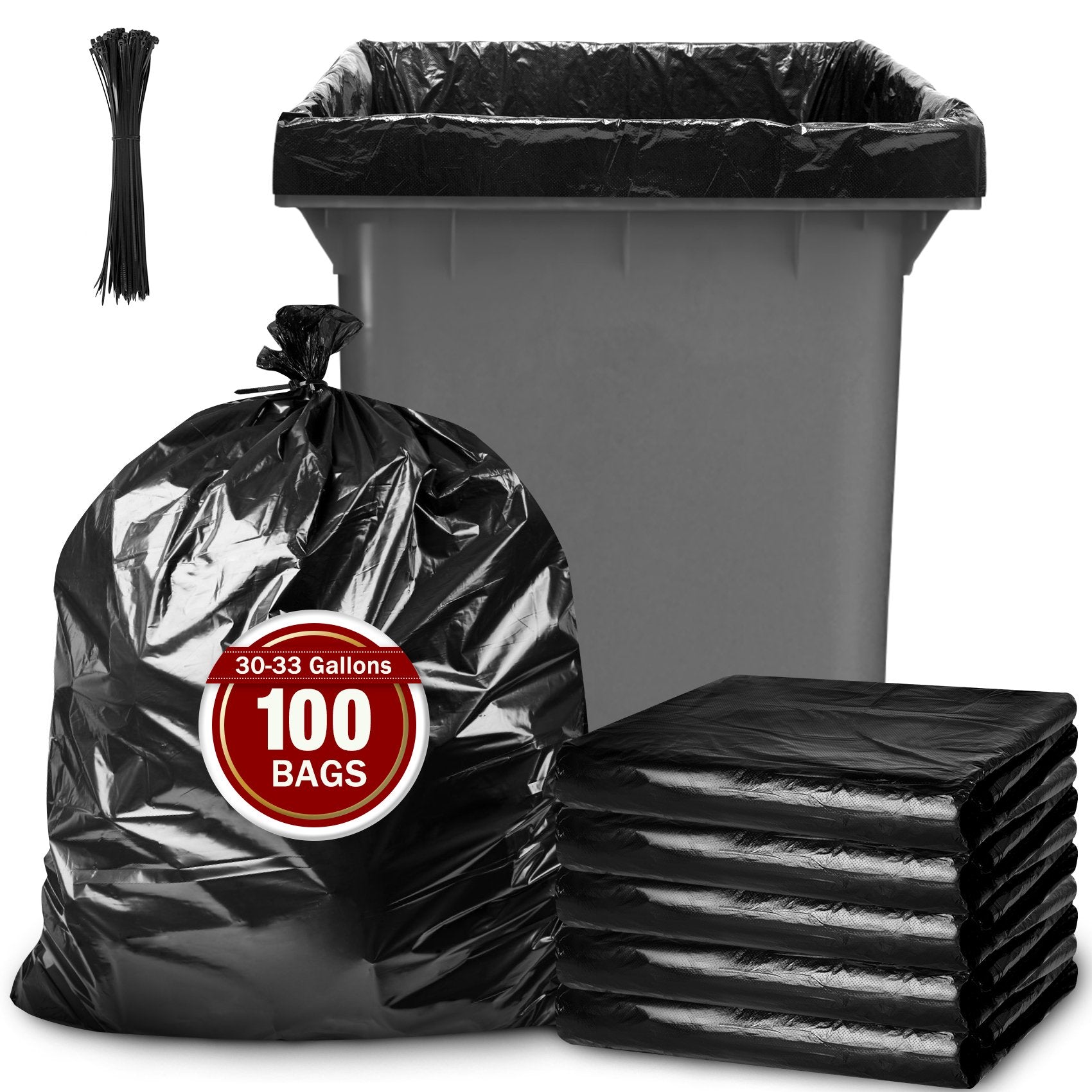 Treamon 33 Gallon Garbage Bags with 100 zip ties,Black Heavy Duty Large Trash Bags(100 Count) for Lawn, Leaves, and Party Events, Etc