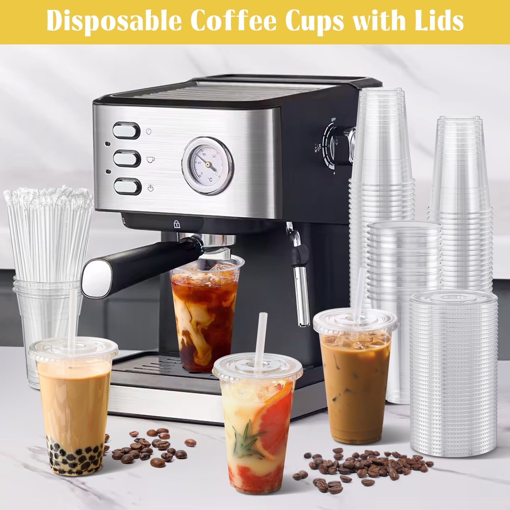 Treamon Clear Plastic Cups with Lids and Straws, Disposable Party Iced Coffee Cups, 16 oz, 100 Count