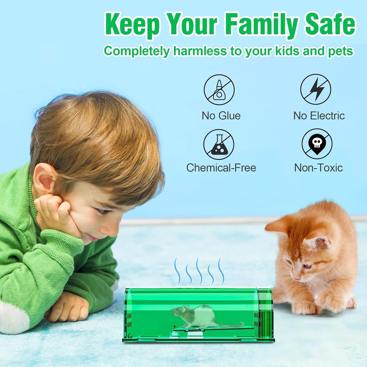 4 Pcs Green Humane Mouse Traps No Kill, Reusable Mice Trap Catch for House & Outdoors