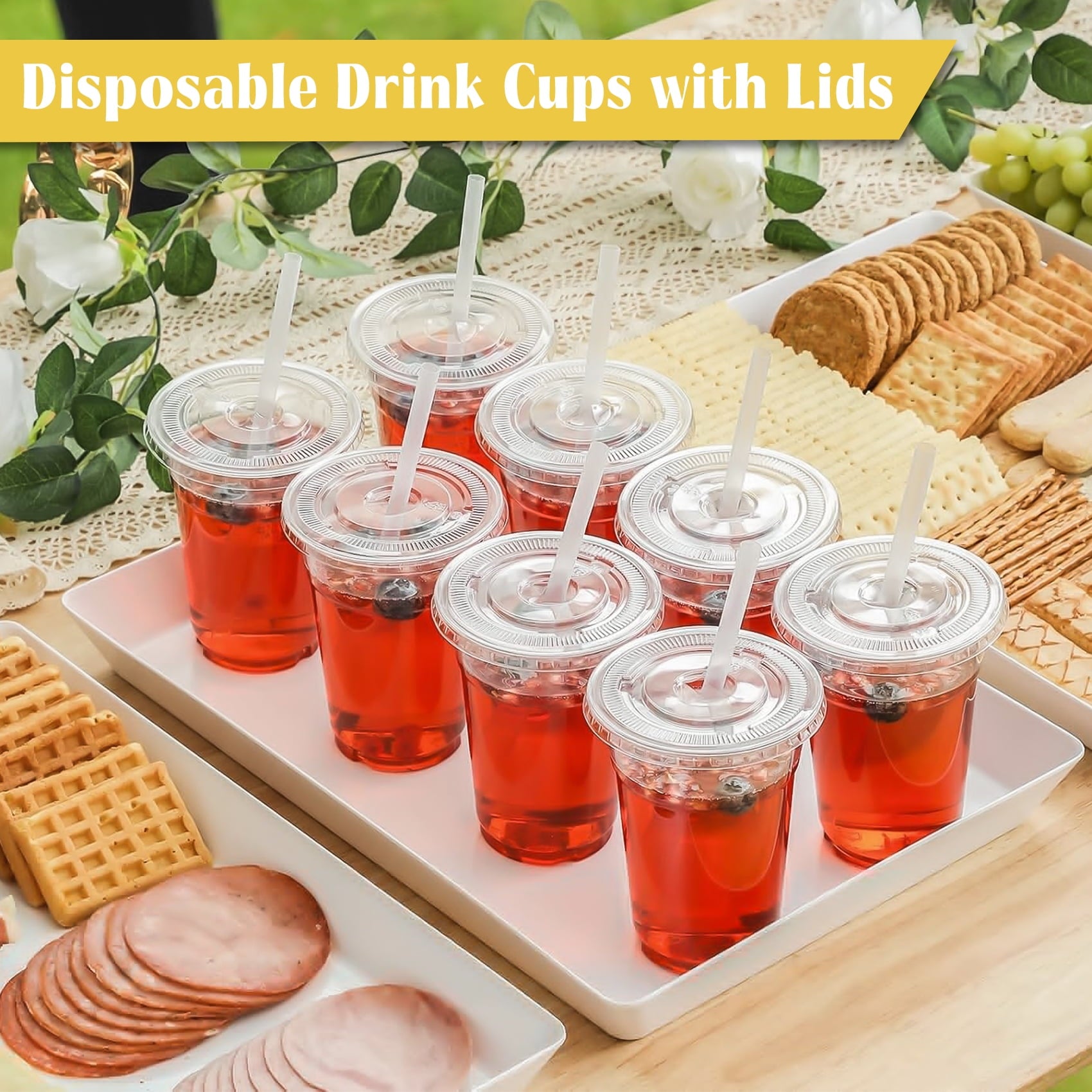 Treamon Clear Plastic Cups with Lids and Straws, Disposable Party Iced Coffee Cups, 16 oz, 100 Count