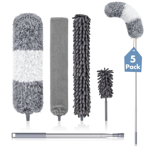 Treamon 5 Pcs Gray Microfiber Duster, Cleaning Duster with 100 in Telescopic Pole