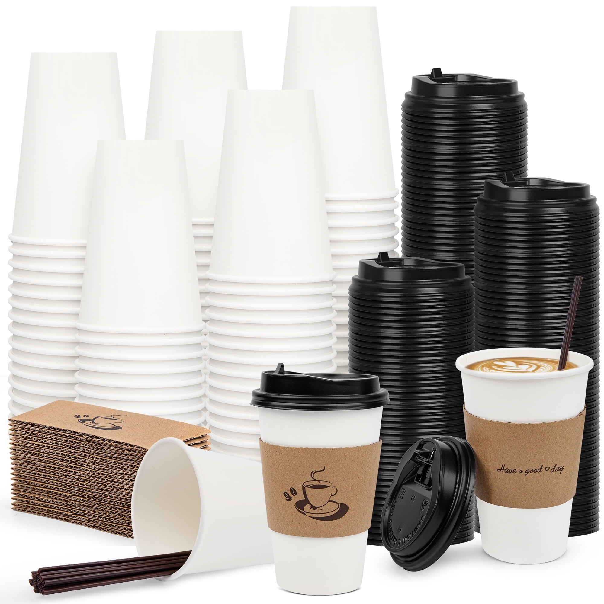 50 Packs 16 oz Disposable Coffee Cups with Lids, Sleeves, and Straws