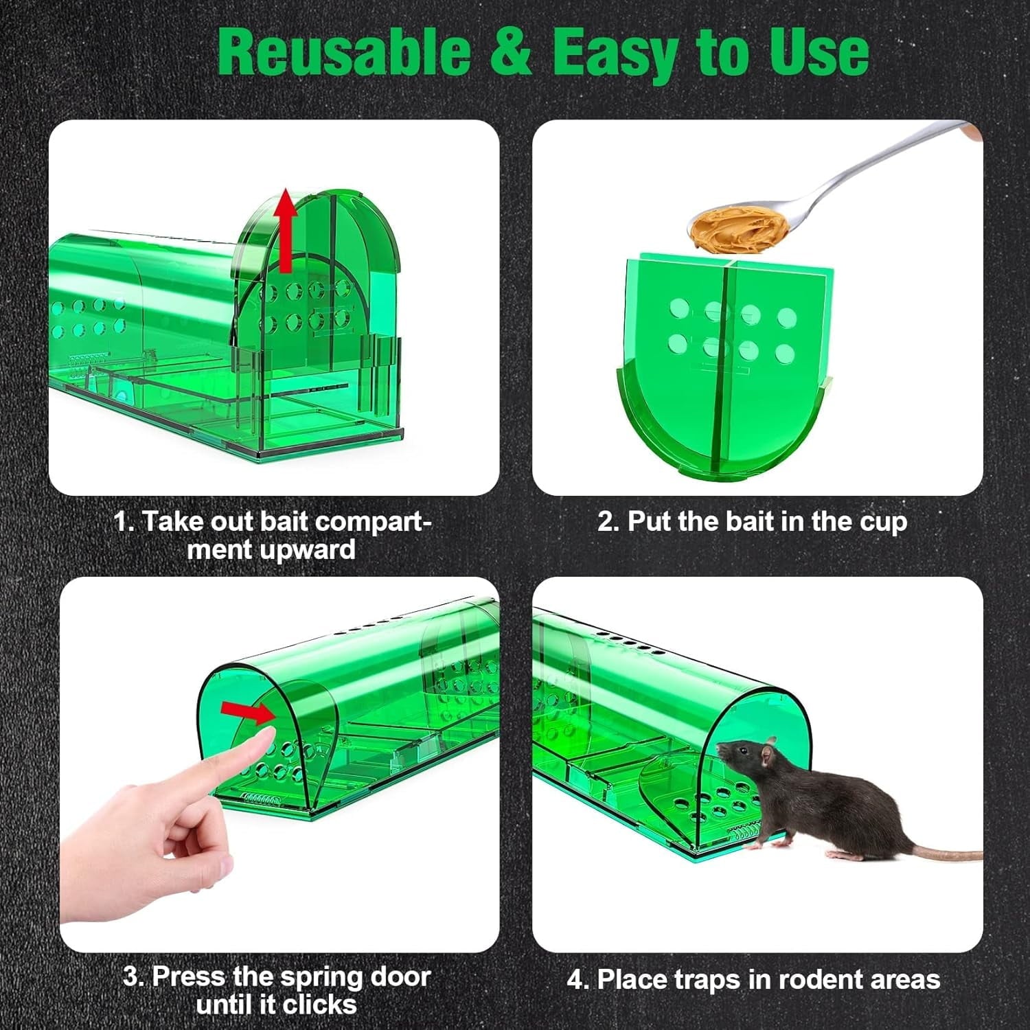 4 Pcs Green Humane Mouse Traps No Kill, Reusable Mice Trap Catch for House & Outdoors