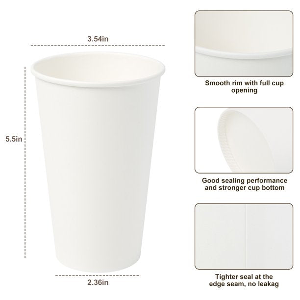 Paper Coffee Cups, Disposable Cold Beverage Cups, White Paper Hot Disposable Coffee Cups, 16 oz, 100 Count