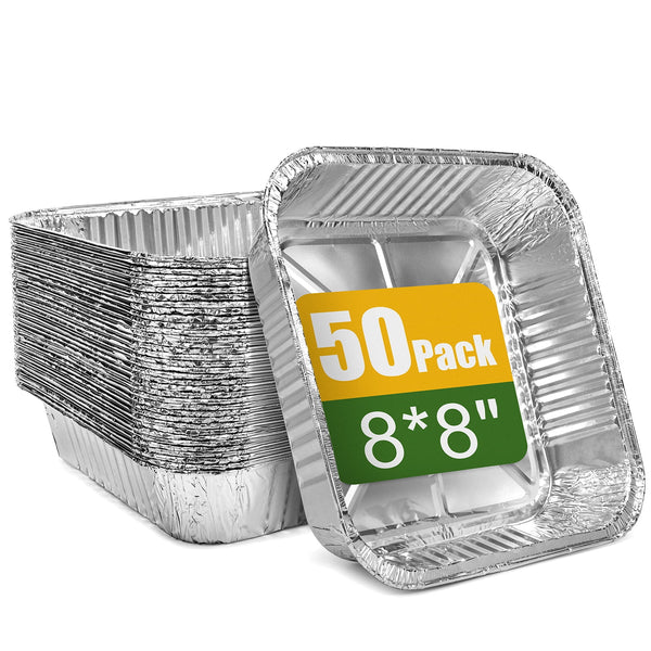 8*8" Aluminum Pans, 50 Pack Tin Foil Aluminum Square Pans, Air Fryer Liners Disposable for Cooking