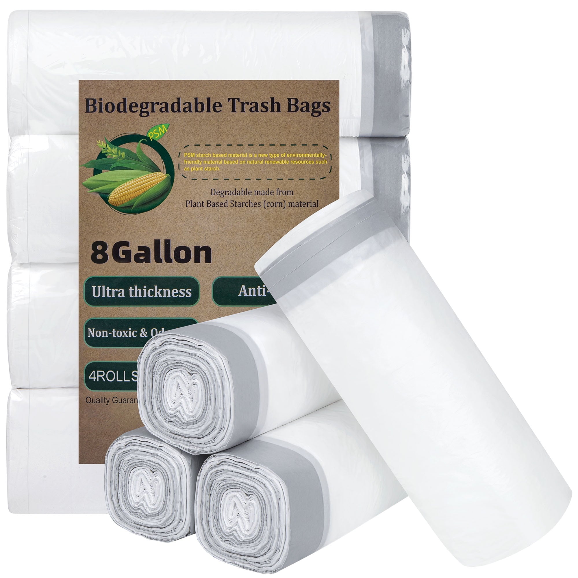 Treamon Medium Kitchen Trash Bags, Drawstring Style Biodegradable Garbage Bags, 8 Gallon, 100 Count, White