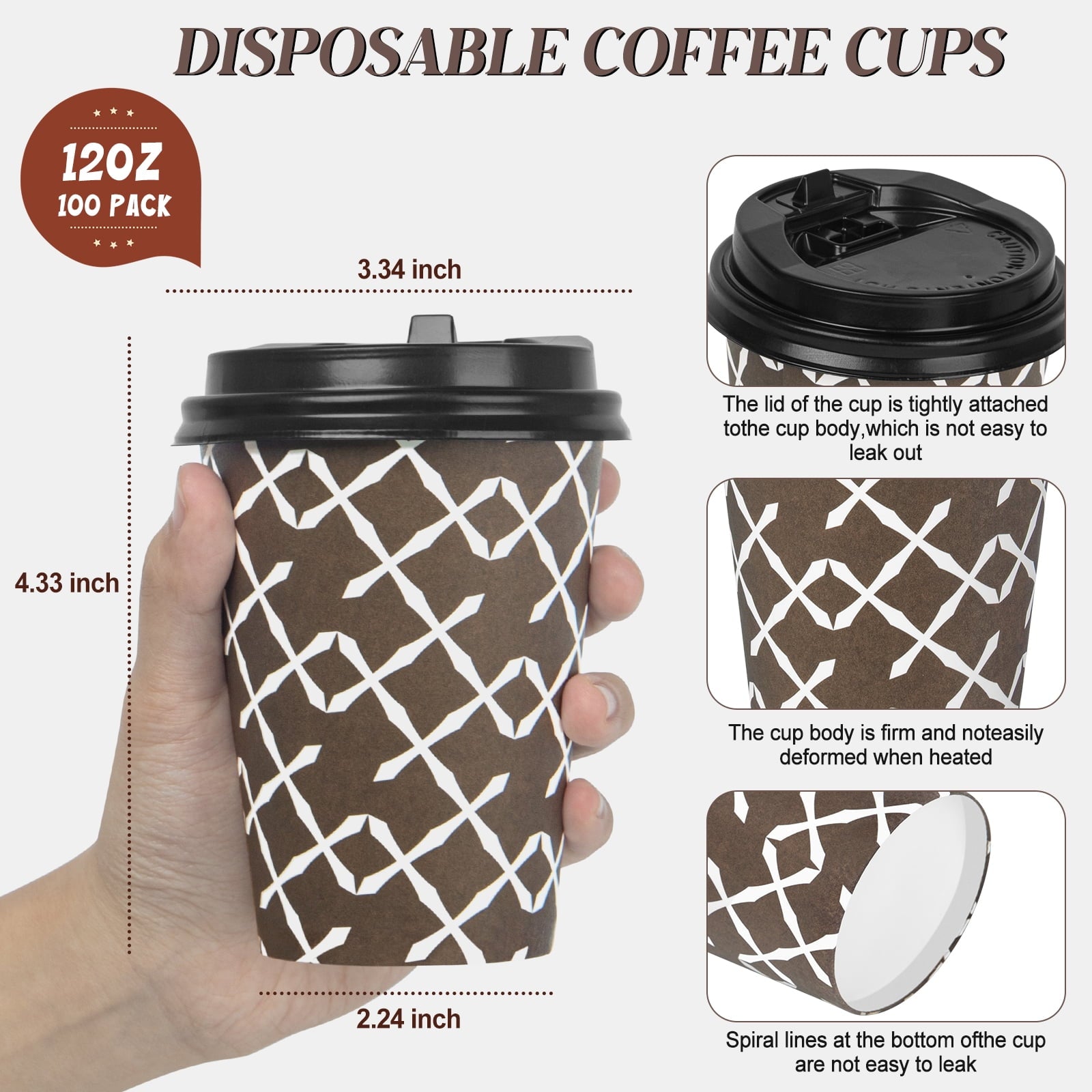 Paper Cups, Disposable Paper Coffee Cups with Lids for Hot Coffee, 12 oz, 100 Count