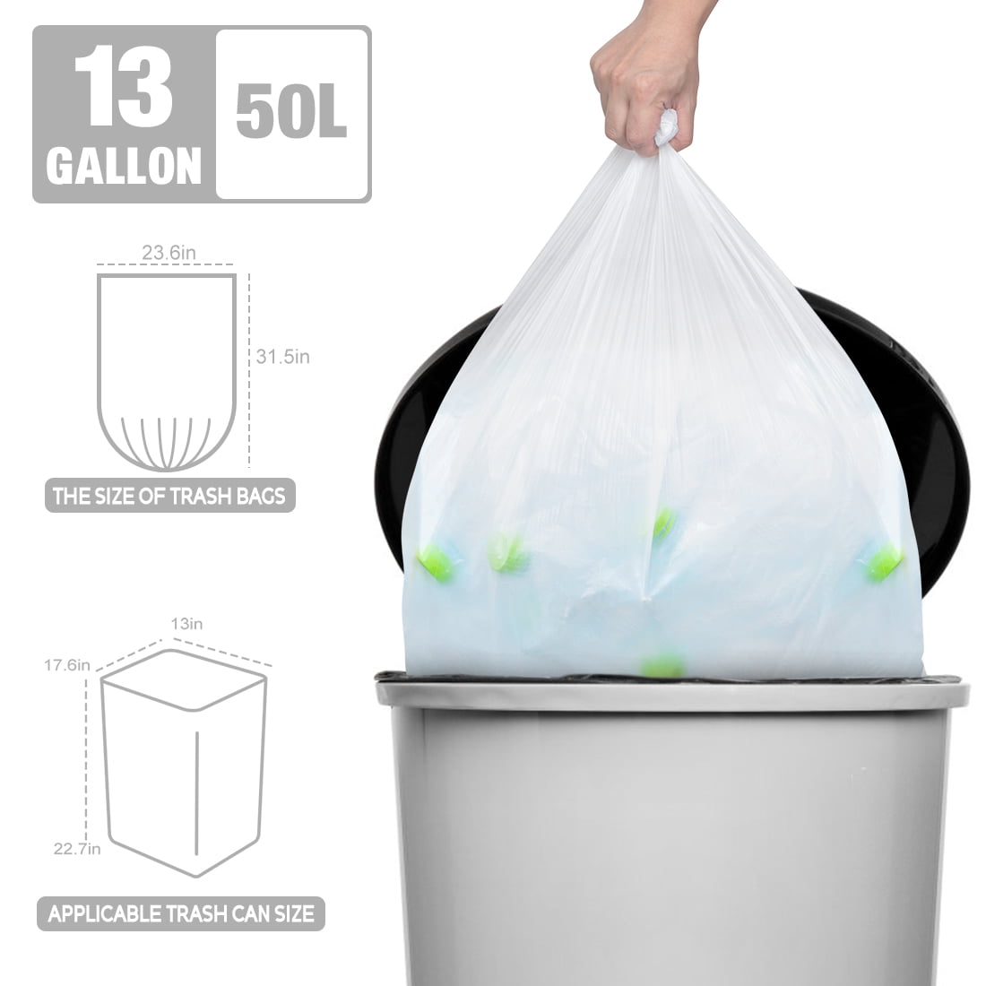 Treamon Kitchen Trash Bags, Drawstring Style Biodegradable Garbage Bags, 13 Gallon, 100 Count, White