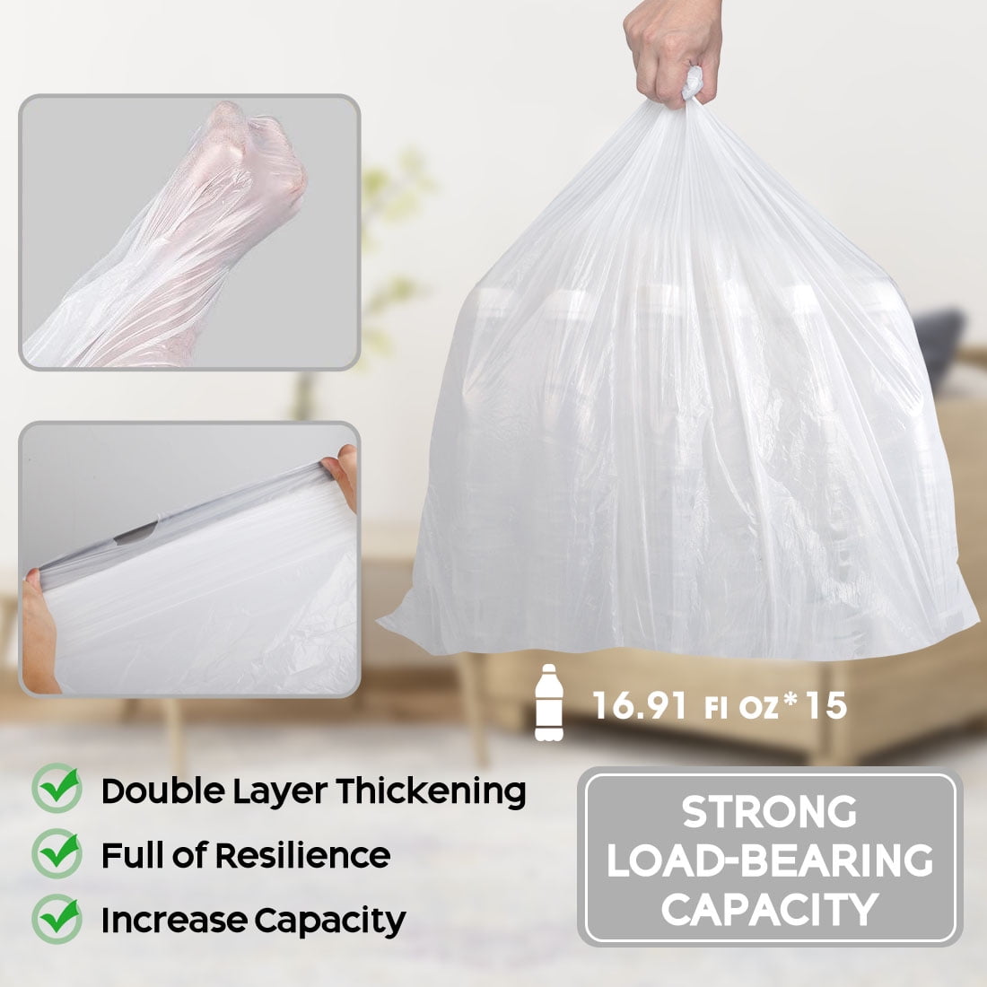 Treamon Medium Kitchen Trash Bags, Drawstring Style Biodegradable Garbage Bags, 8 Gallon, 100 Count, White