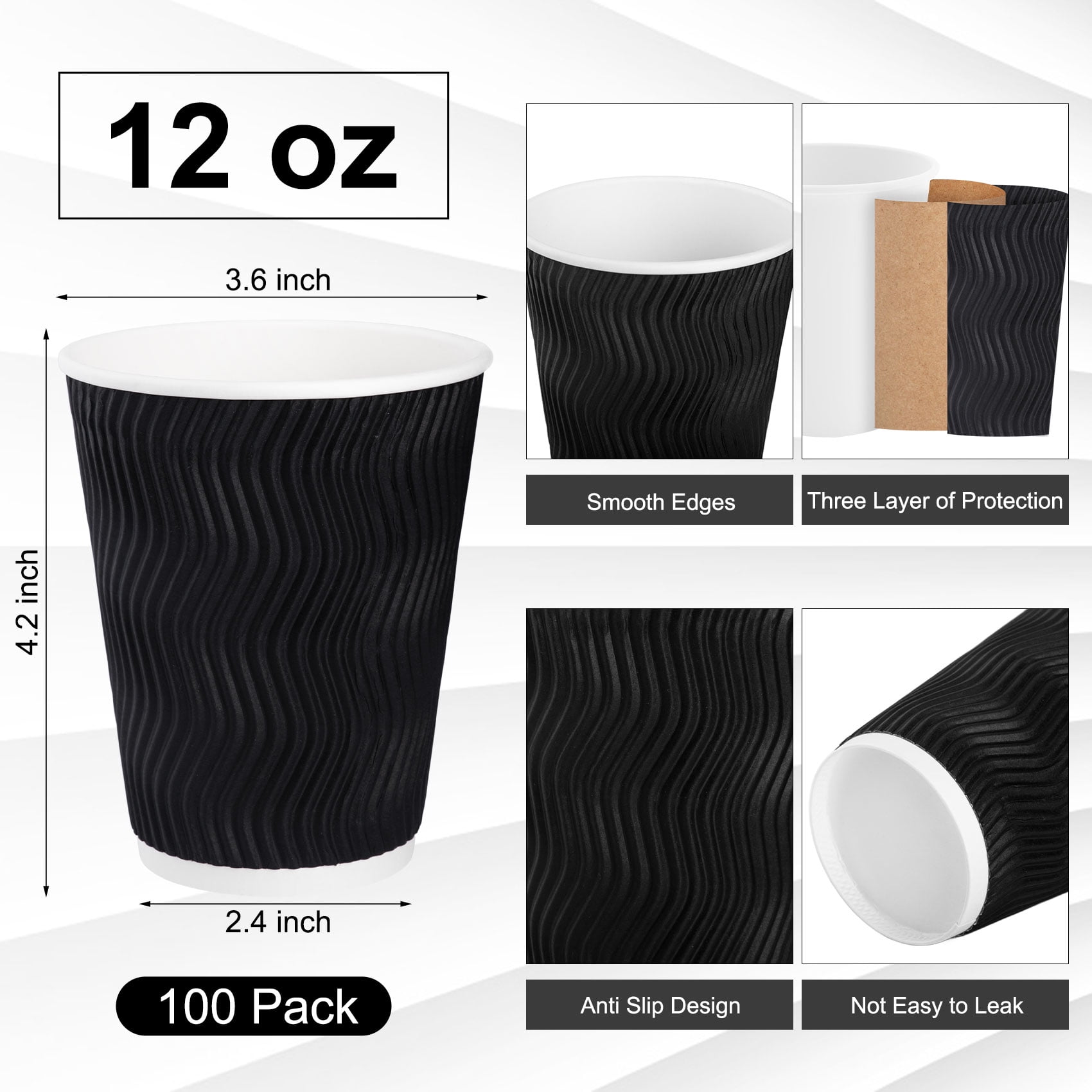 Treamon Paper Cups Disposable Coffee Cups with Thermal Insulation Ripple, 12 oz 100 Pack, Black