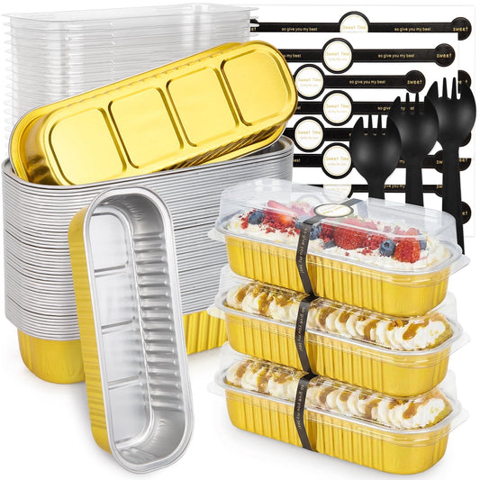Treamon Aluminum Mini Loaf Pans, Aluminum Foil Pans with Lids and Spoons Sealing Sticker, 6.8 oz 50 Pack Rectangular Cake Pans Baking Pan, Gold