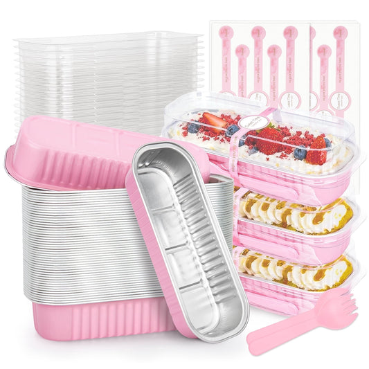 Treamon Aluminum Mini Loaf Pans, Aluminum Foil Pans with Lids and Spoons Sealing Sticker, 6.8 oz 50 Pack Rectangular Cake Pans Baking Pan, Pink