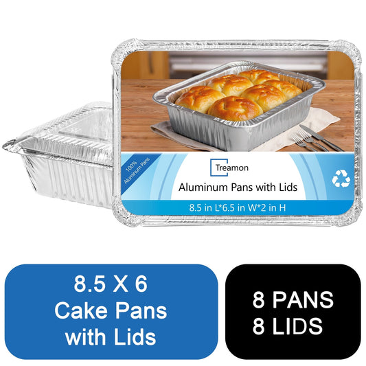 Treamon Aluminum Pans with Lids, Disposable Tin Foil Pans 8.5" x 6", 8 Count
