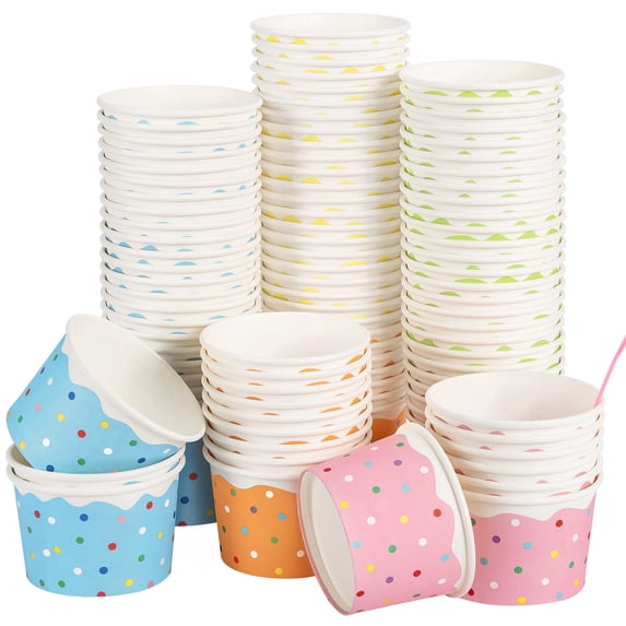 Treamon Disposable Paper Ice Cream Cups with Spoons, Colorful Dessert Bowl for Yogurt, 9 oz 100 Pack
