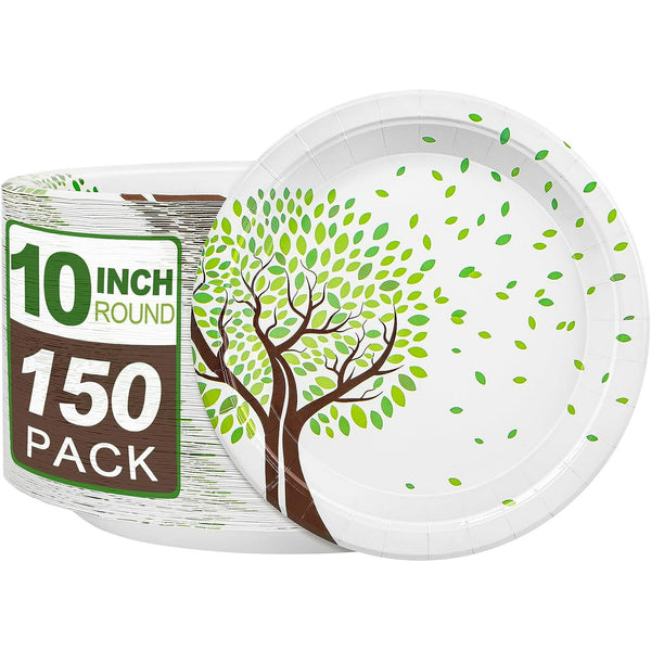 Treamon 10 inch Disposable Green Paper Plates, Cut-Proof & Soak-Proof Coated Heavy Duty Paper Plates for Parties, Picnic, 150 Count