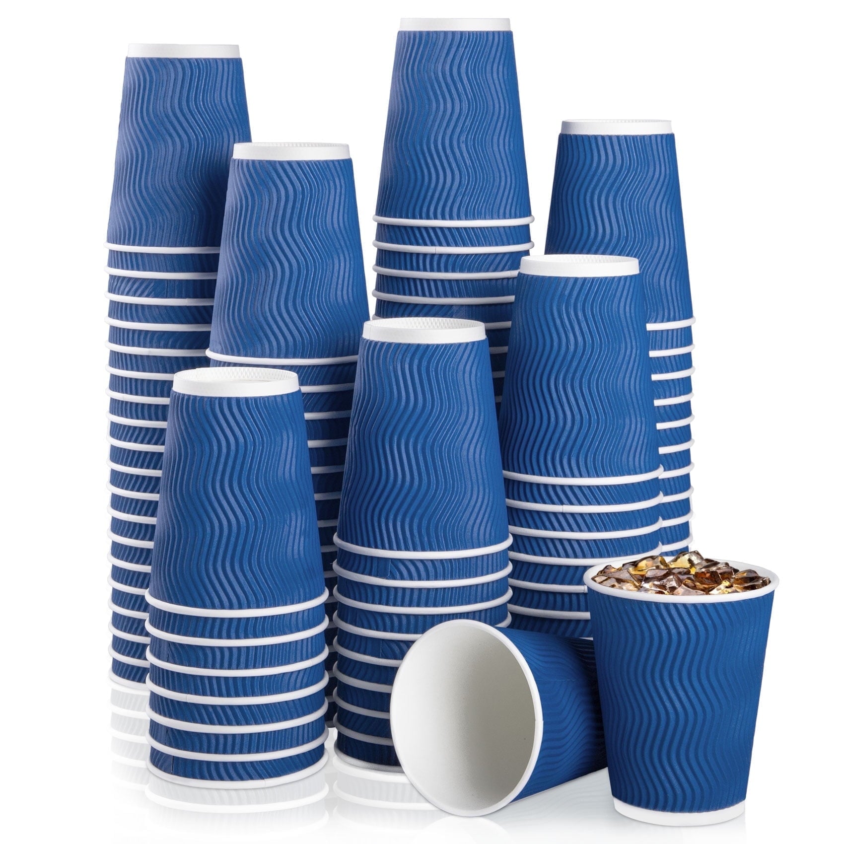 Treamon Paper Cups Disposable Coffee Cups with Thermal Insulation Ripple, 12 oz 100 Count, Blue