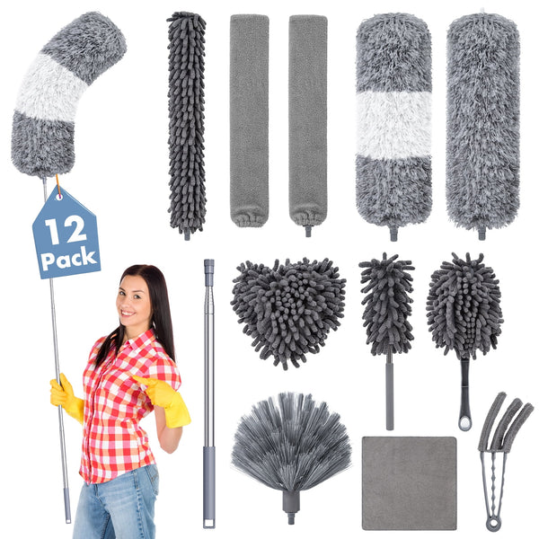 Treamon 12pcs Gray Microfiber Dusters, Washable Dusters with Extension Pole(30 to 100 in) for Cleaning, Bendable Extendable Long Feather Duster