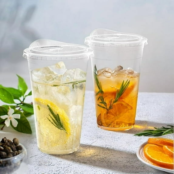 Treamon Clear Plastic Cups with Lids, Disposable Ice Coffee Cups with Strawless Sip Lids, 20 oz 100 Count