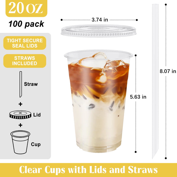 Treamon Clear Plastic Cups with Lids and Straws, Disposable Party Iced Coffee Cups, 20 oz, 100 Count