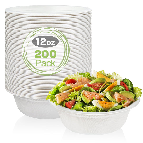 Treamon 200 Pack 12 oz White Paper Bowls, Disposable Compostable Bowls, Heavy-Duty Quality Natural Bagasse