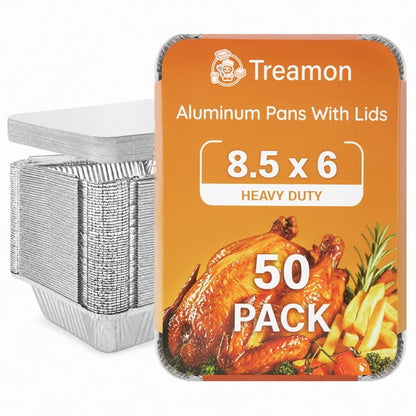 Treamon Aluminum Pans, Disposable Foil Pans with Lids, 8.5" x 6" 50 Count