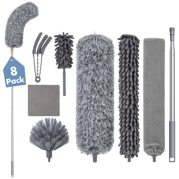 Treamon 8 Pcs Pure Gray Microfiber Ceiling Duster with 100 in Telescopic Pole