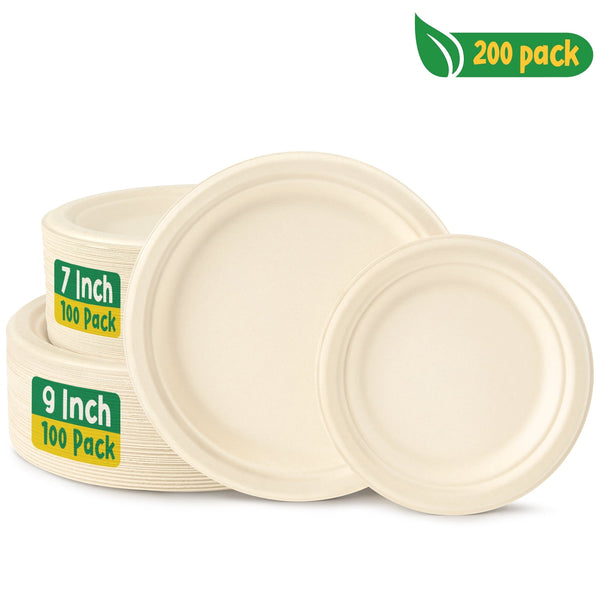 Treamon 7" 9" Disposable Round Paper Plates, Biodegradable Plate, 200 Pack