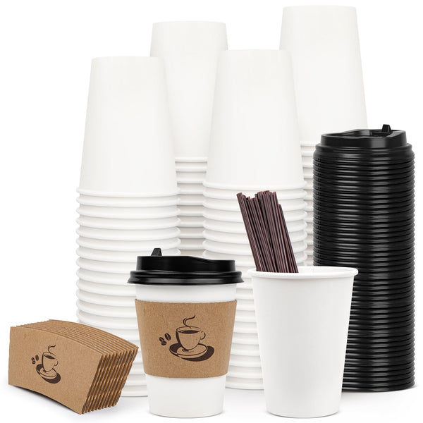 Treamon Disposable Paper Cups Hot Cups with Lids Sleeve Straw, 12 oz 50 Count, Insulated