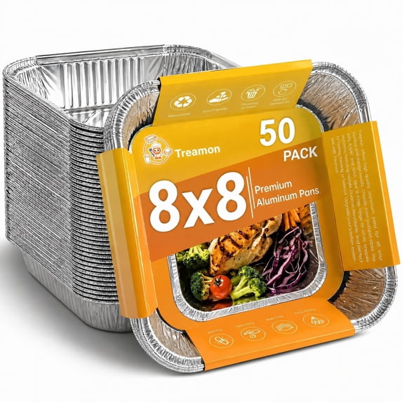 Treamon Disposable Aluminum Foil Pans, Square Aluminum Pans, 8*8" 50 Count