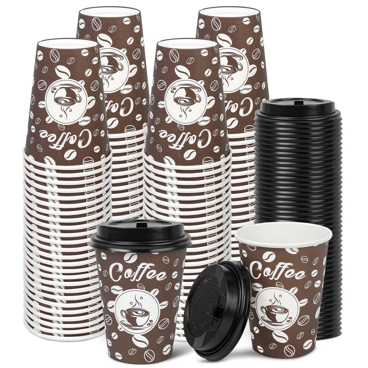 Treamon Paper Cups with Lids Disposable Cups 12 oz 100 Count