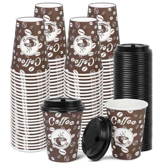Treamon Paper Cups with Lids Disposable Cups 12 oz 100 Count