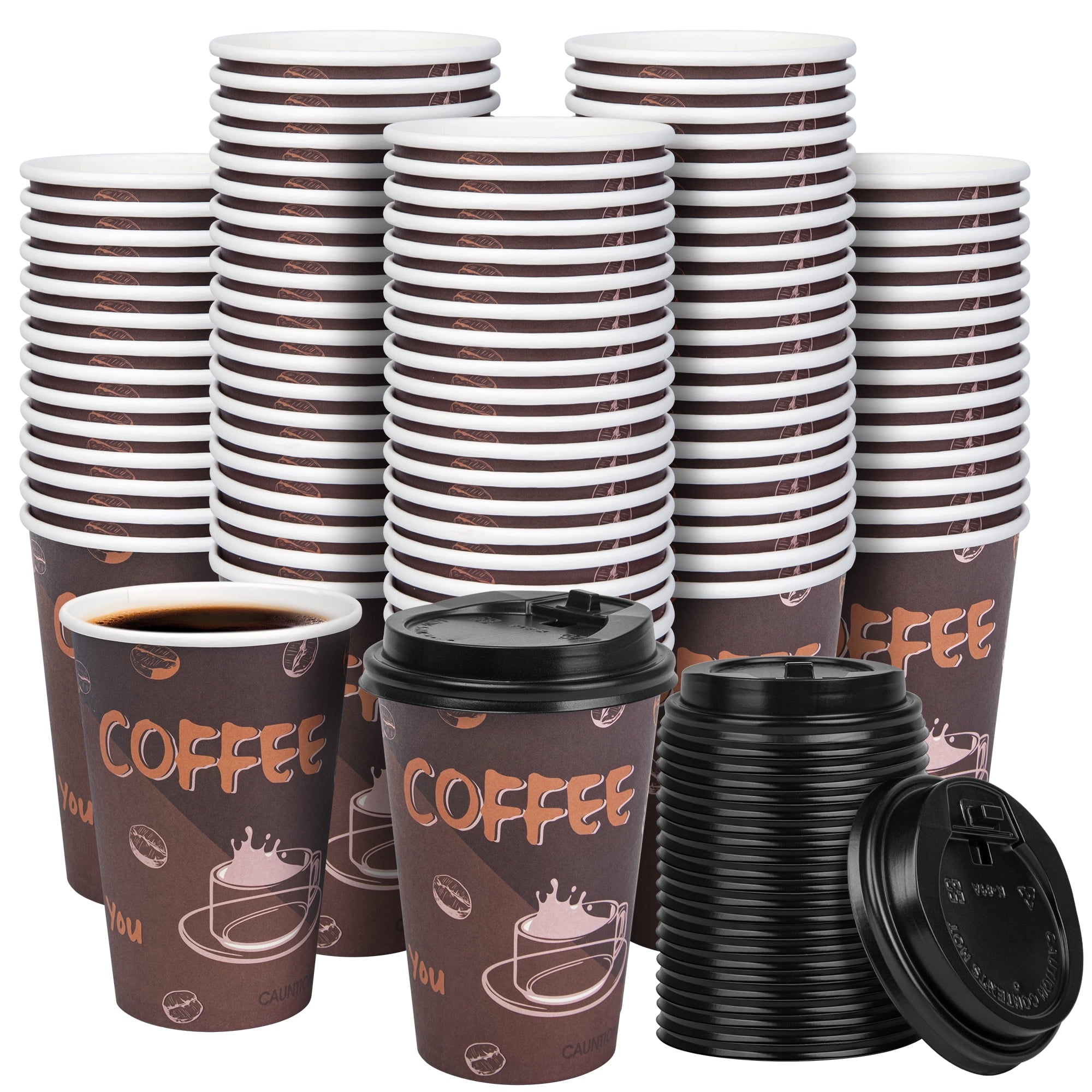 Treamon To Go Paper Cups Disposable Hot Cups with Lids 16 oz 100 Count