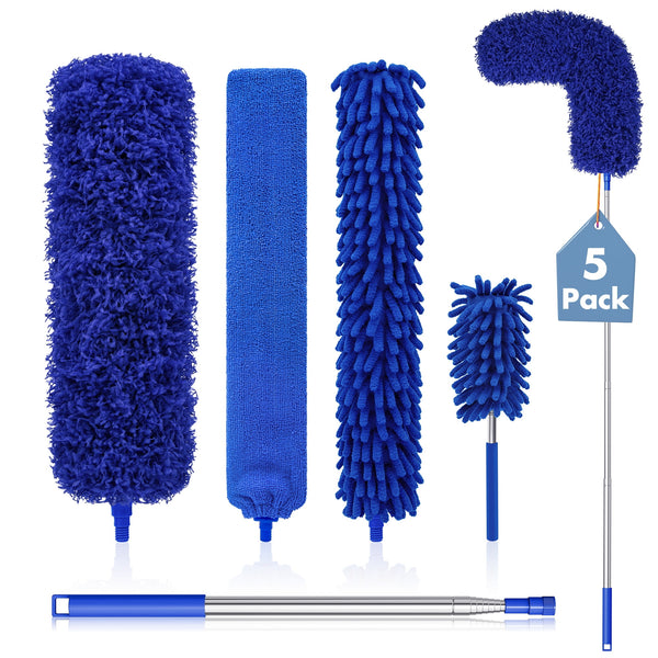 Treamon Upgraded Durable Blue (5pcs) Microfiber Duster with 100 in Telescopic Pole, Reusable Bendable Duster