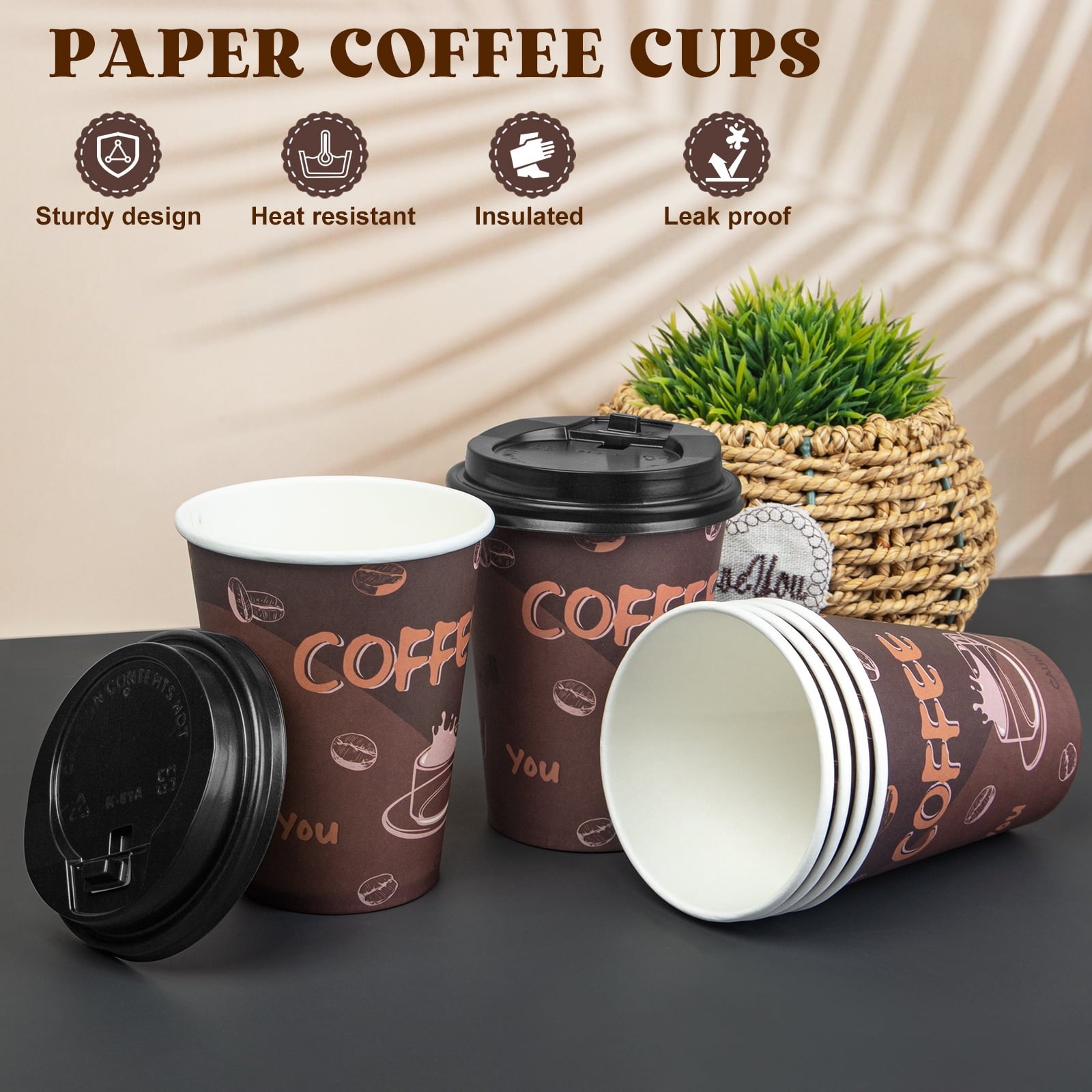 Paper Coffee Cups, Disposable Cups with Lids for Hot Coffee to Go Coffee Cups, 12 oz, 100 Count