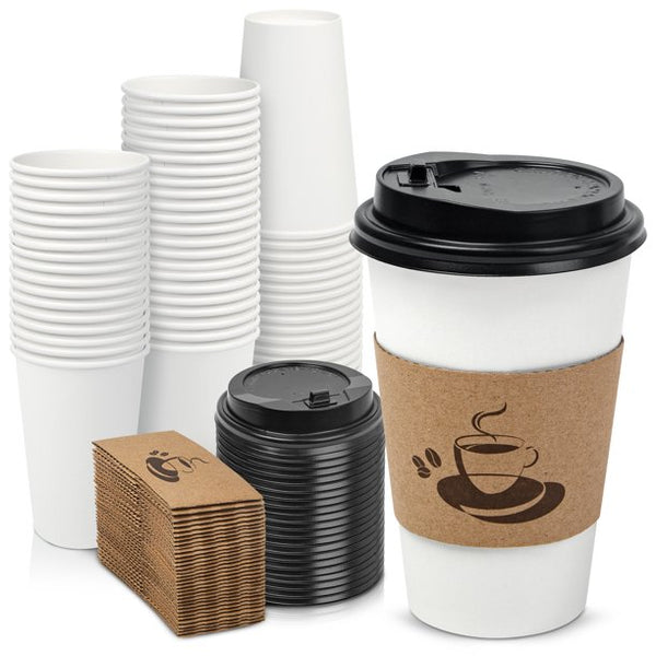 Disposable Coffee Cups with Lids and Sleeves, Drinking Cups for Coffee, 16 oz, 50 Count