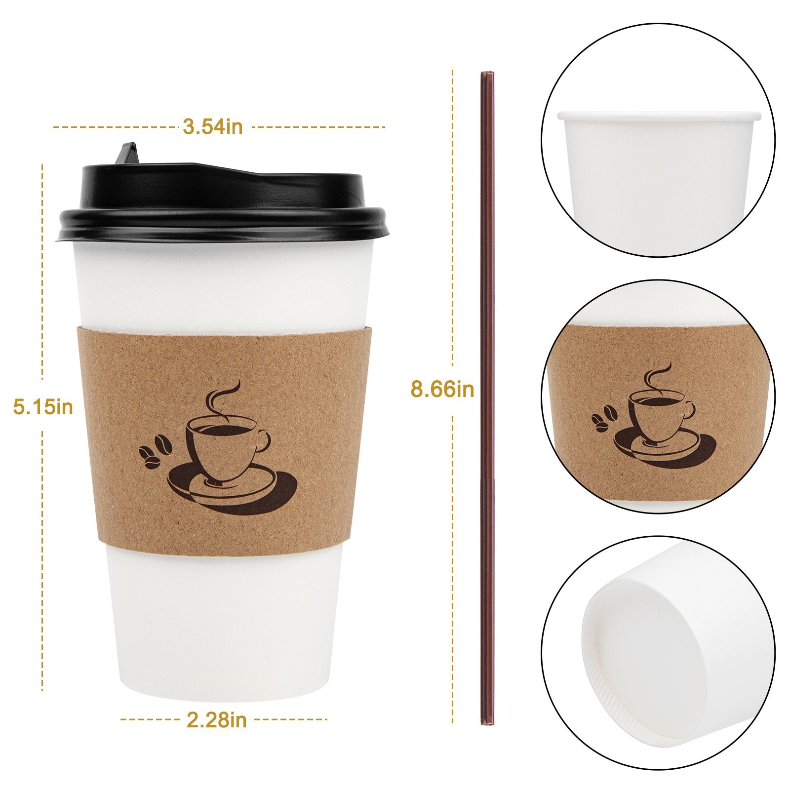 50 Packs 16 oz Disposable Coffee Cups with Lids, Sleeves, and Straws