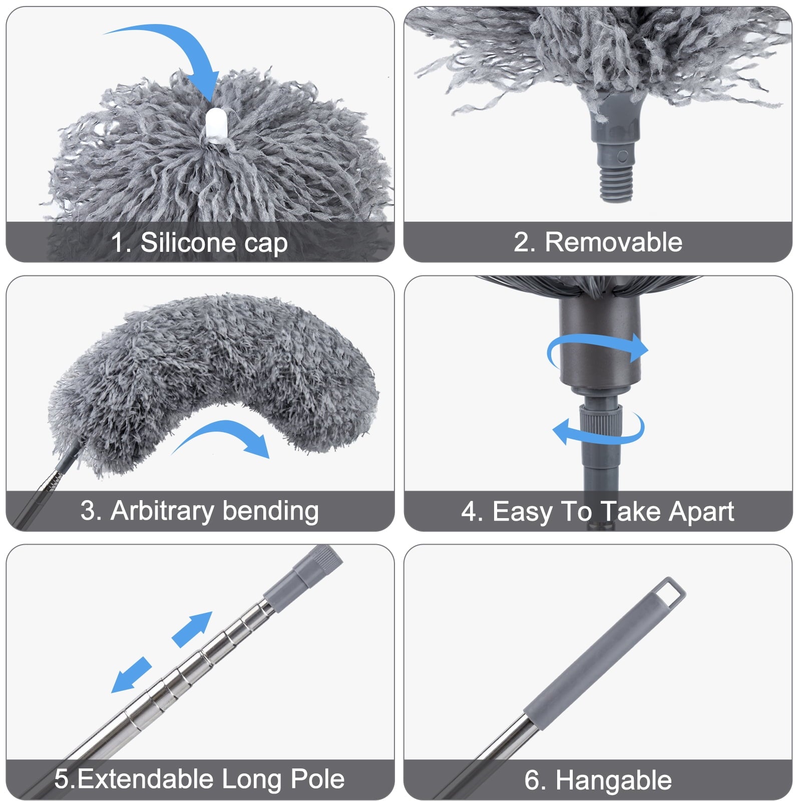 Treamon 8 Pcs Pure Gray Microfiber Ceiling Duster with 100 in Telescopic Pole