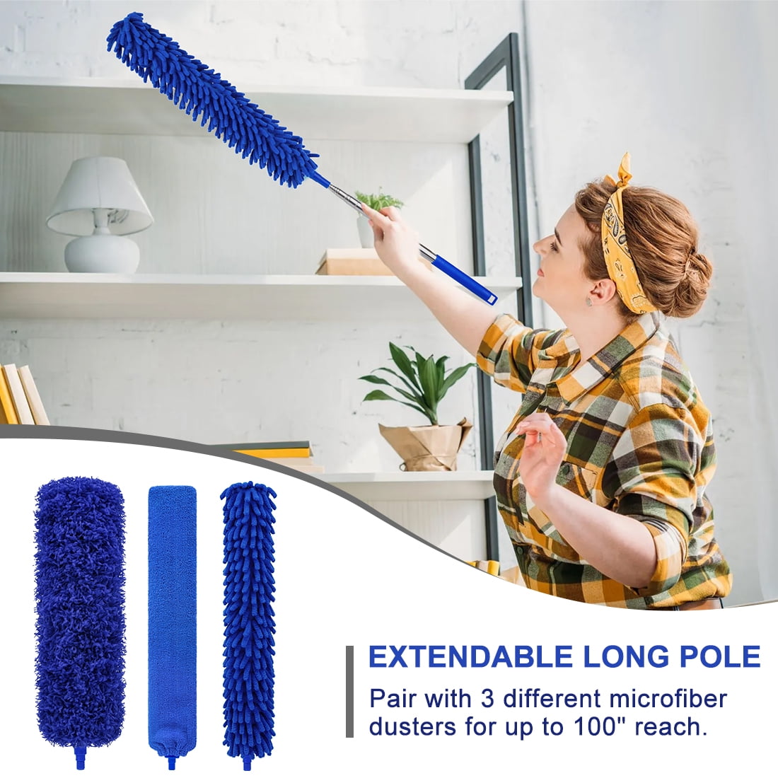 Treamon Upgraded Durable Blue (5pcs) Microfiber Duster with 100 in Telescopic Pole, Reusable Bendable Duster