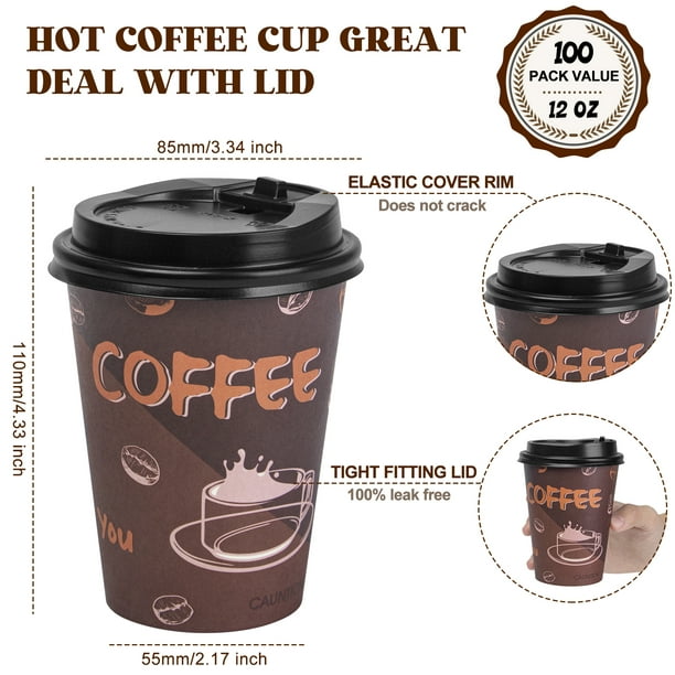 Paper Coffee Cups, Disposable Cups with Lids for Hot Coffee to Go Coffee Cups, 12 oz, 100 Count