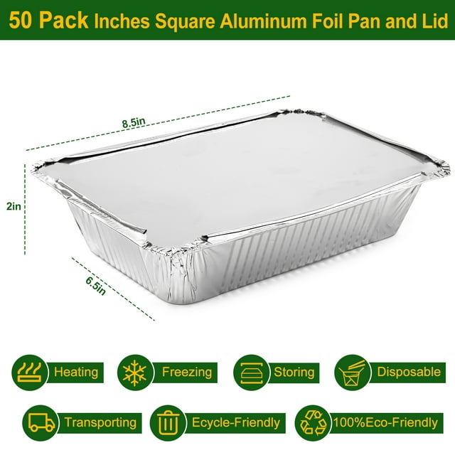 Aluminum Pans with Lid 2.25 LB Capacity Foil Food Containers with Lids, 50 Pans and 50 Cardboard Covers