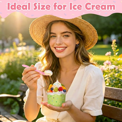 Treamon Disposable Paper Ice Cream Cups with Spoons, Colorful Dessert Bowl for Yogurt, 9 oz 100 Pack